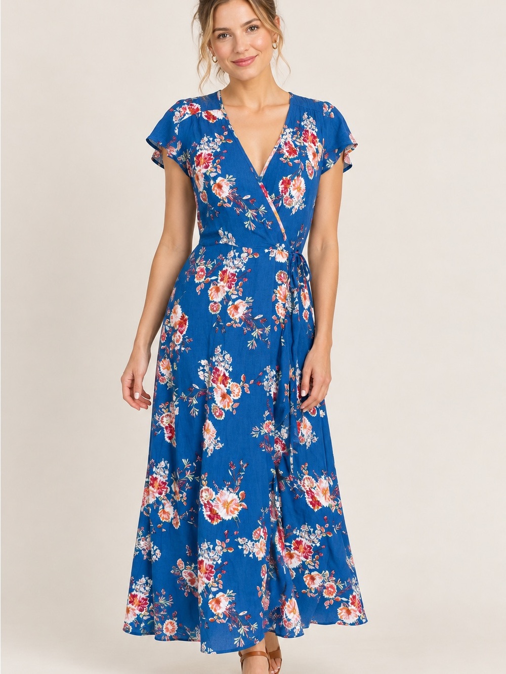 Blue Floral Wrap Maxi Dress - Women's